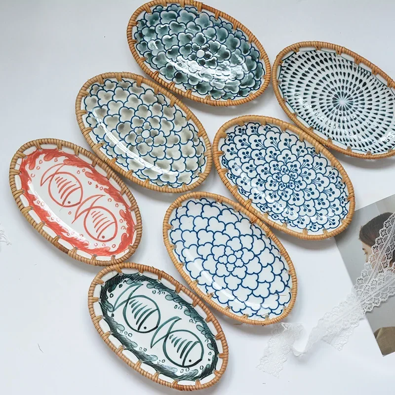 Outdoor Furniture Sale - Japanese Rattan Woven Ceramic Fruit Tray,